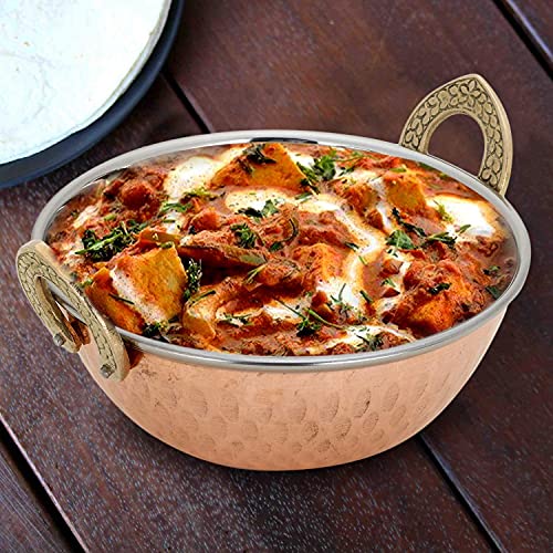 Nexxa Set of 4 Indian Copper Serveware Karahi Vegetable Dinner Bowl with Handle for Indian Food Diameter 13 Cm Approx