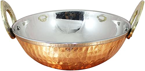 Steel Hammered Copper Serveware Accessories Karahi Pan Bowls for Indian Food Serving Bowl Karahi Solid Brass Handle Approx Diameter 5 Inches Capacity 500 ML Gift Set of 1 Pcs