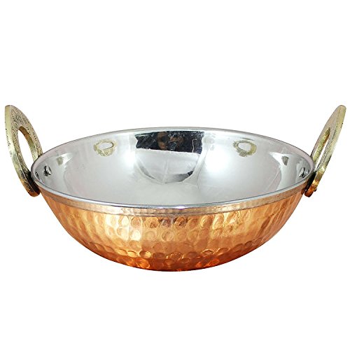 YADAV HANDICRAFTS Steel Hammered Copper Serveware Accessories  Karahi Pan Bowls for Indian Food Serving Bowl Karahi Solid Brass Handle Approx Diameter 5 Inches Capacity 500 ML Gift Set of 1 Pcs