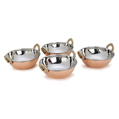 Zap Impex Indian Serving Bowl Copper Stainless Steel Hammered Karahi Indian Dishes Serve ware for Vegetable and Curries (15 cm) Set of 4