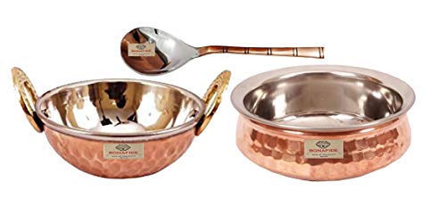 bona fide copper Serving Bowl Copper Stainless Steel Hammered Karahi and bowl Indian Dishes Serve Ware and tableware small (5 inch diameter top) Set of 2(300 ml each) with serving spoon