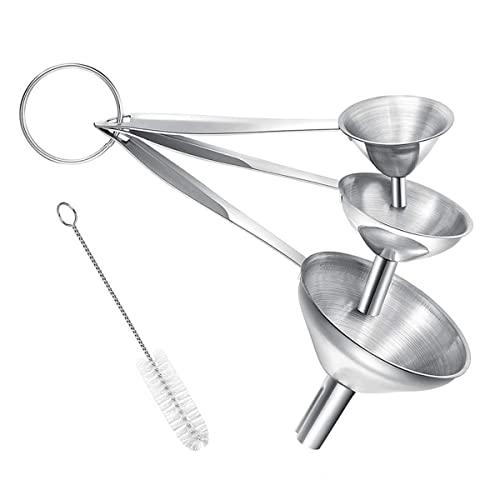 Small Funnels for Filling Bottles 3 Pcs Stainless Steel Kitchen Funnel Set with Long Handle Food Grade Mini Metal Funnel for Transferring Oil Liquid Easy Cleaning with a Brush