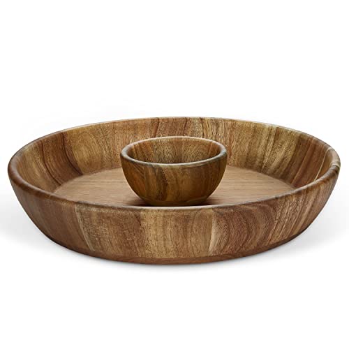 Miusco 12 Inch Chip and Dip Serving Set Premium Acacia Wood Plate with Sauce Bowl Appetizer  Snack Serving Platter Great for Buffalo Wings  Cocktail Shrimp Upgraded (was 10 inch)