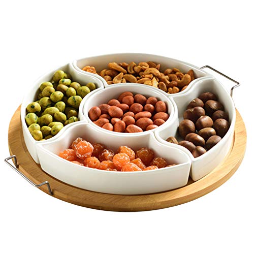 Yarlung 10 Inch Ceramic Divided Serving Dishes with Bamboo Platter Appetizer Tray 5 Removable Snacks Bowls for Candy and Nut Chips and Dips No Lid Included