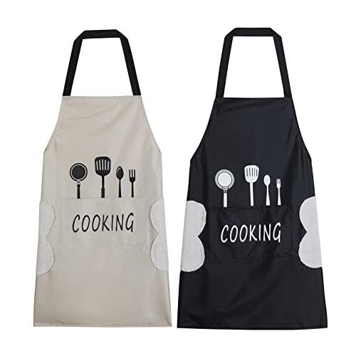 Agirlvct 2 Pack Kitchen Apron with Hand Wipe Waterdrop Resistant with 2 Pockets Cooking Bib Aprons for Women Men Chef Coffee Restaurant(BlackBeige)