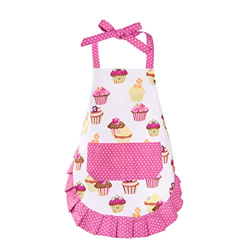 Claswcalor 100 Cotton Kids Girls Aprons Cupcake Pattern Cute Baking Apron Adjustable Kitchen Apron for Children Daughters Little Girls